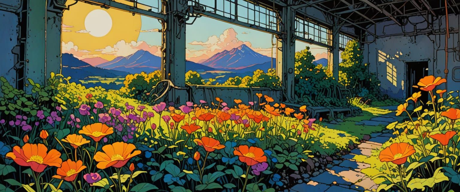 Vibrant Comic Style Flowers in Abandoned Industrial Setting