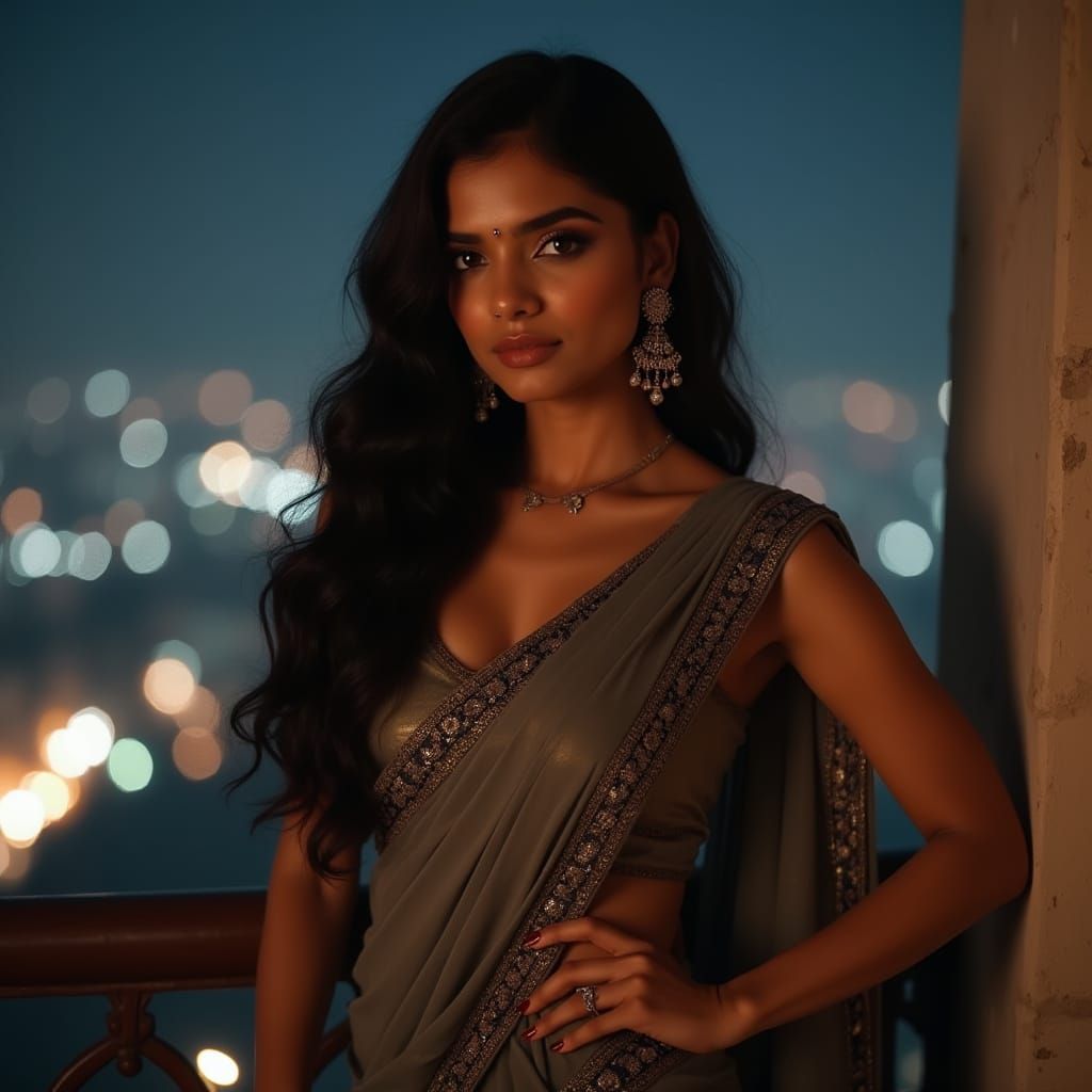 South Asian Woman in Saree with City Lights