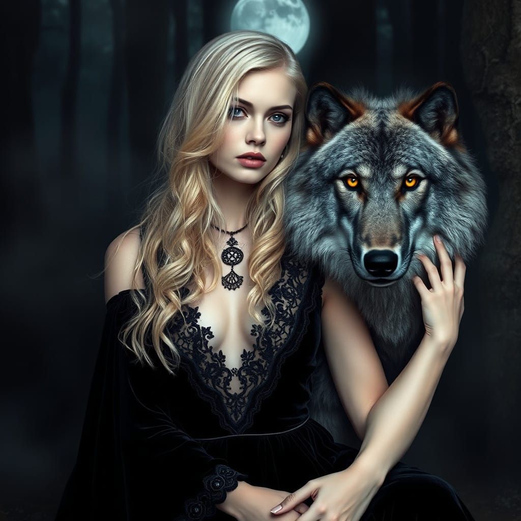 Gothic Woman with Majestic Wolf in Moonlit Forest
