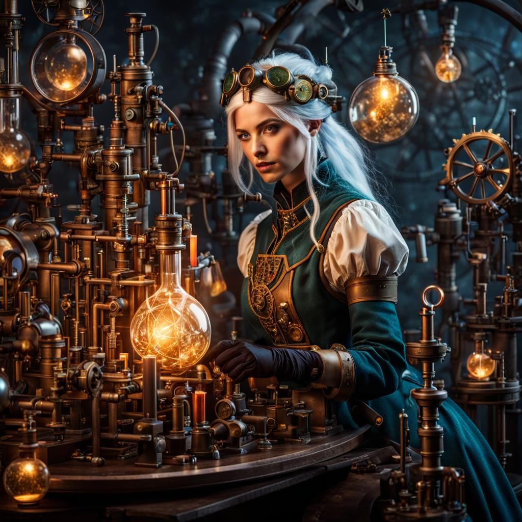 Steampunk Astral Elf Surrounded by Chemistry Equipment