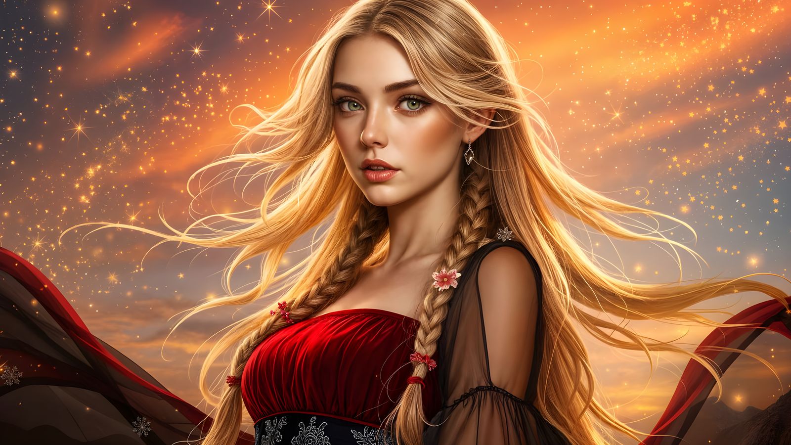 Enchanting Blonde Woman in Starry Night, Hyperrealistic Art