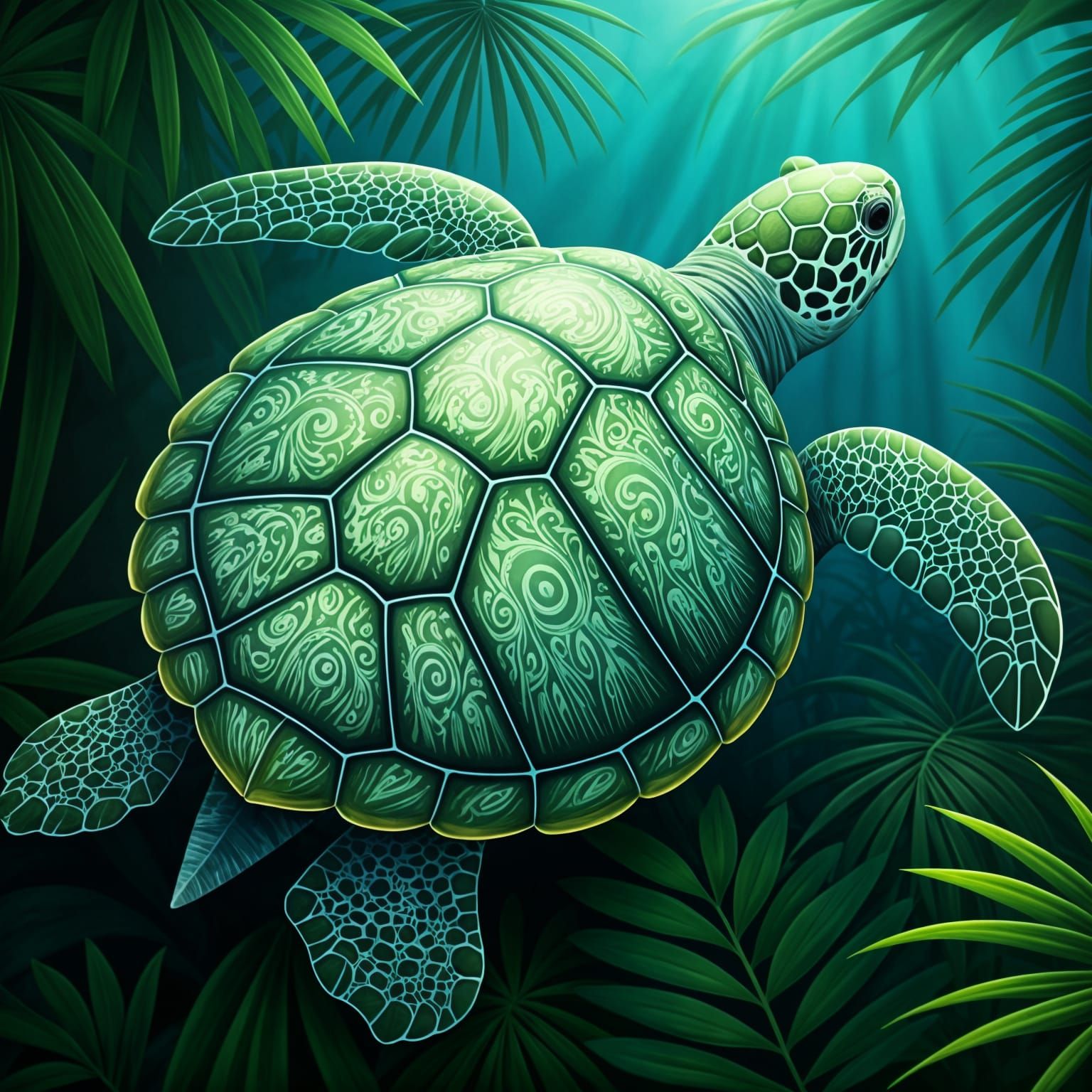 Green Turtle with Intricate White Designs