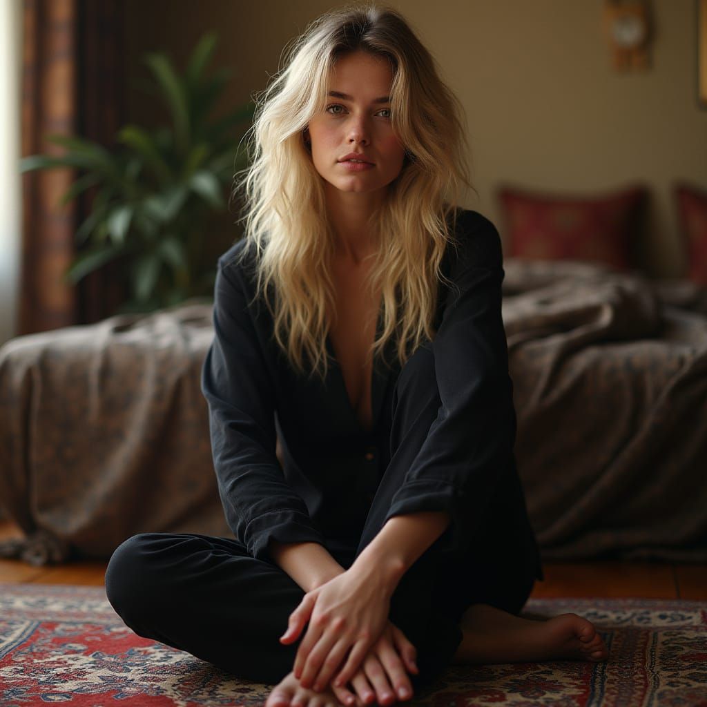 Blonde Woman Showing Bare Soles in Ornate Style