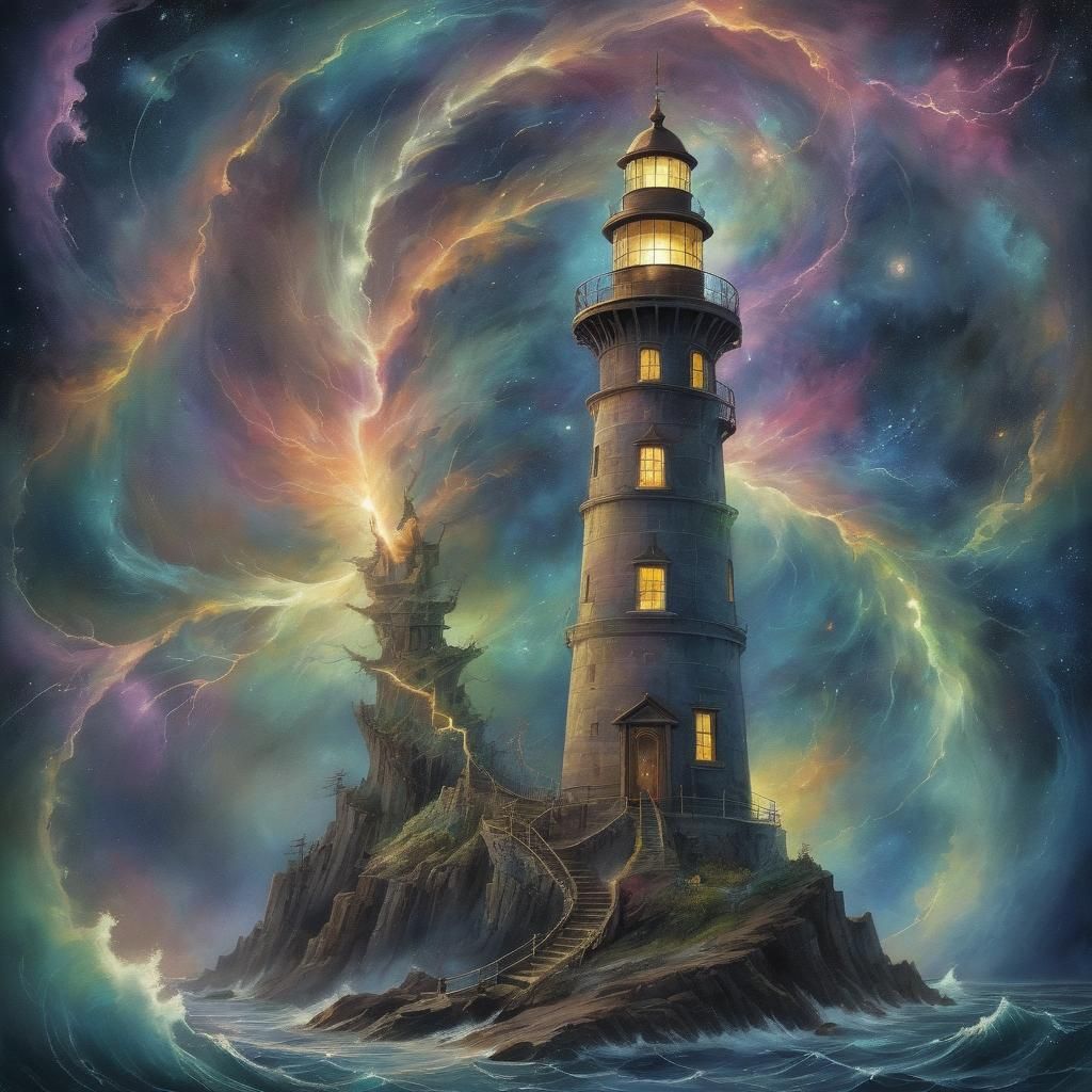 Fractal Lightning Lighthouse in Watercolor Style
