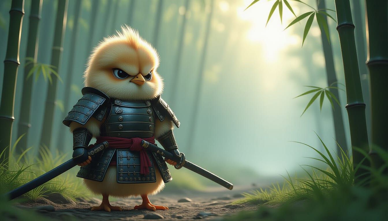 Samurai Chick in Misty Bamboo Forest at Dawn