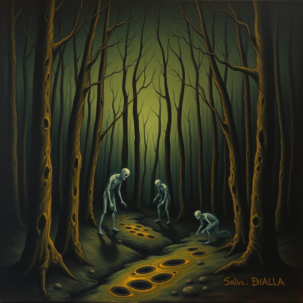 Ghouls in Dark Forest: Surreal Oil Painting