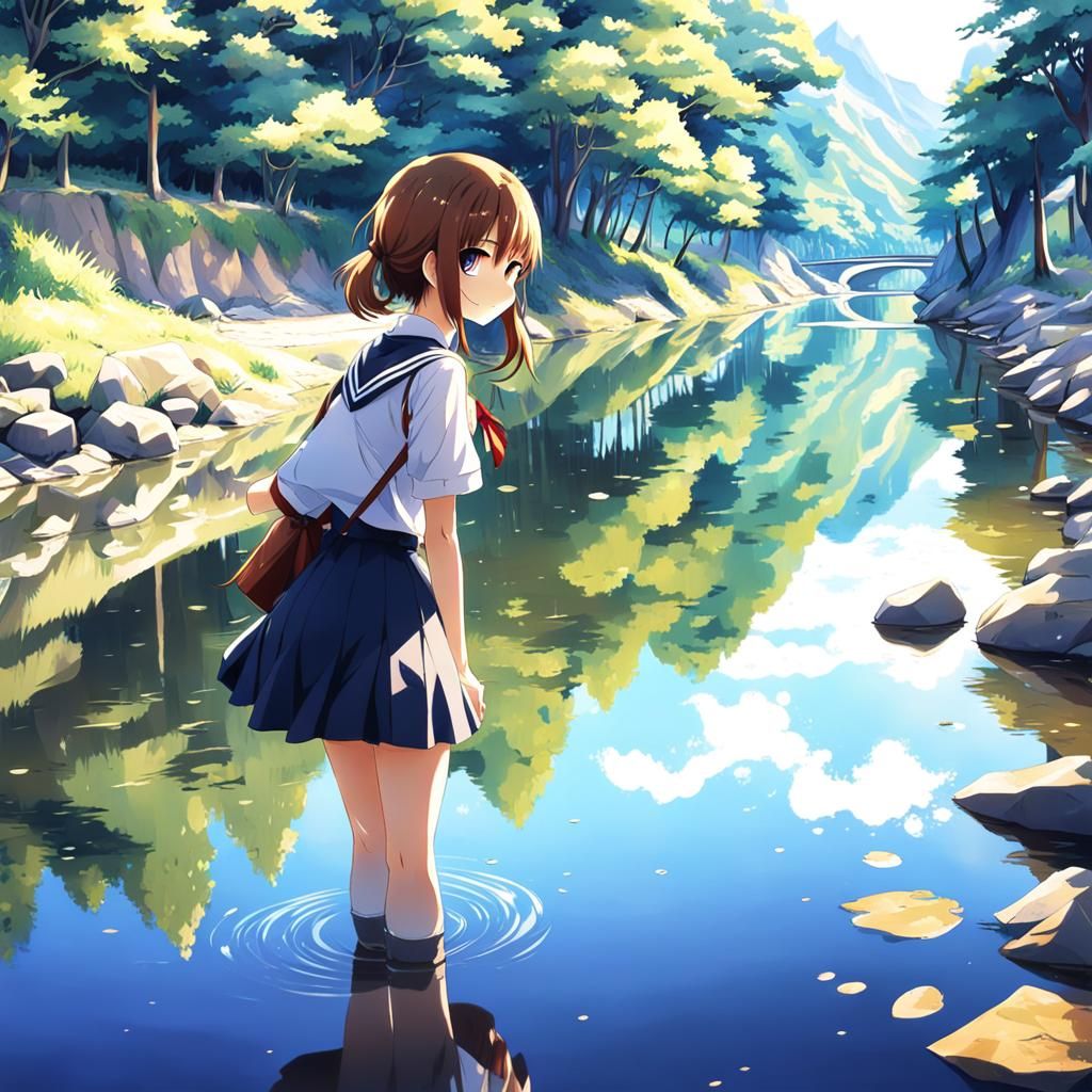 Anime Schoolgirl and River Reflection