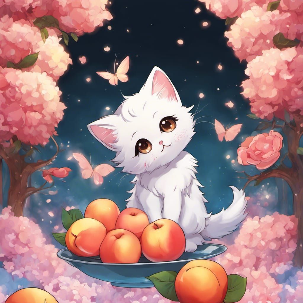 Kawaii Chibi Kitten Surrounded by Peaches