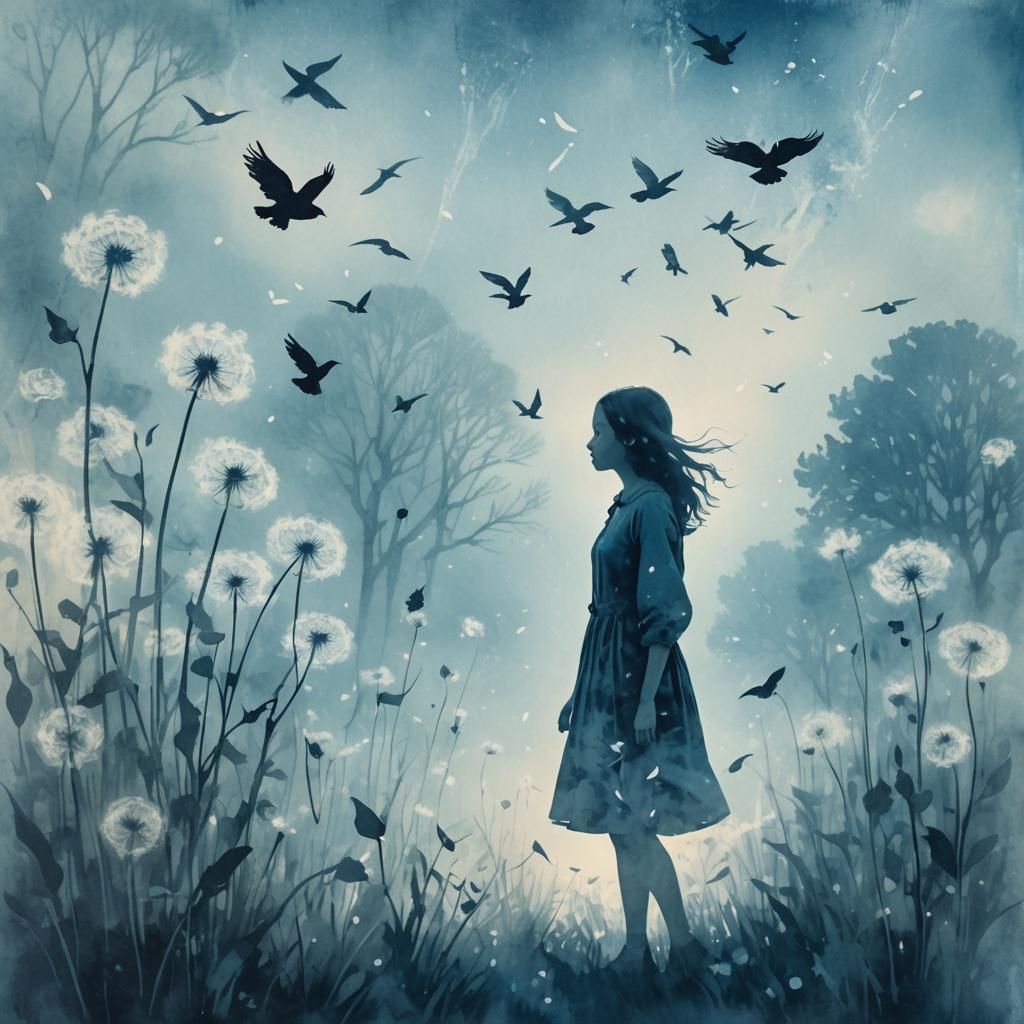Dreamscape: Girl, Dandelions, and Crows in Flight