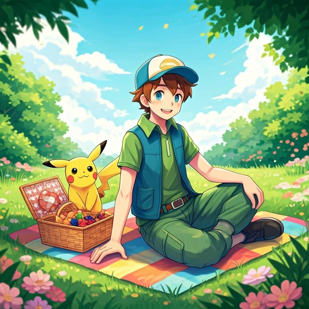 Whimsical Pokémon Trainer Picnic Scene in Vibrant Colors