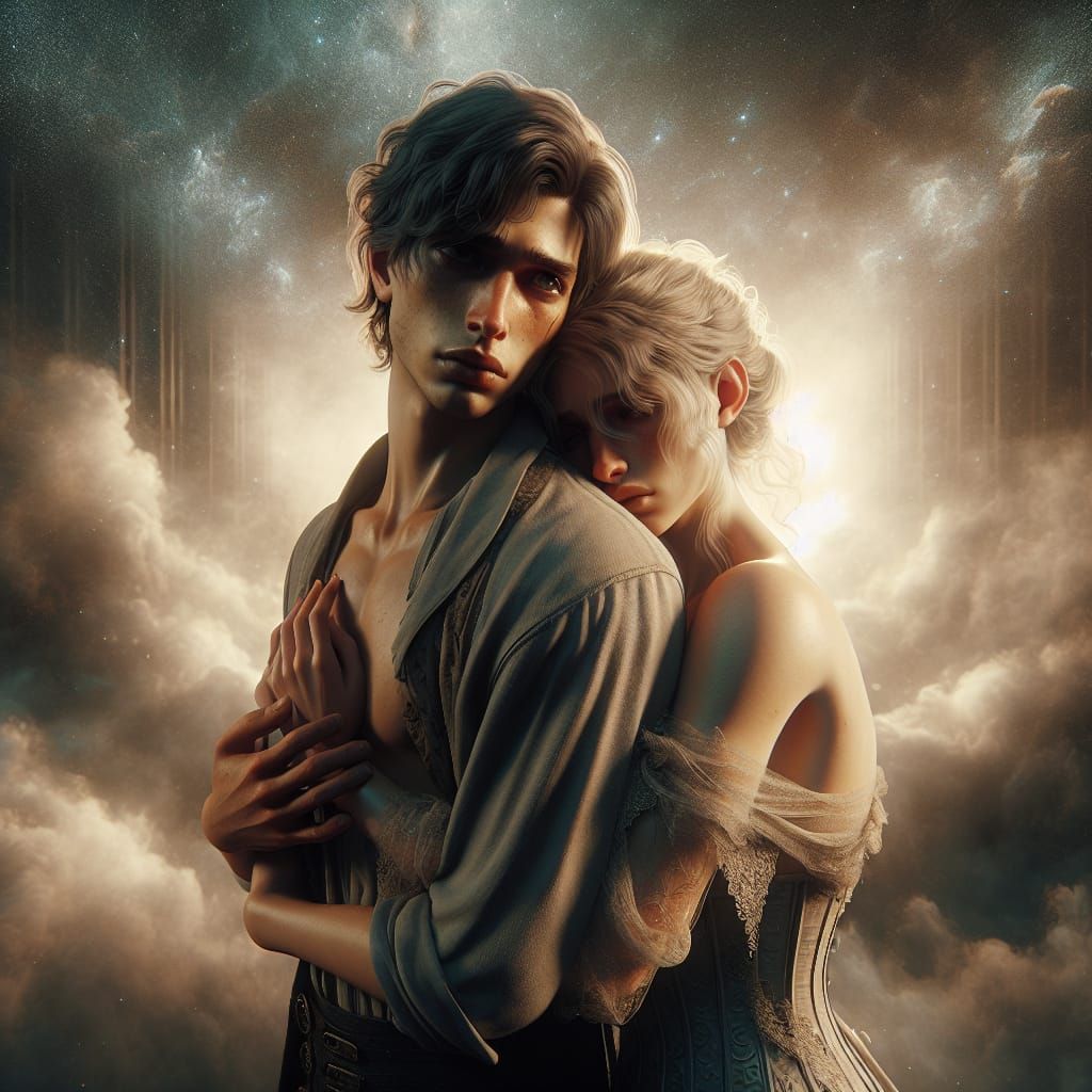 Melancholic Embrace: Androgynous Couple in Fantasy Art