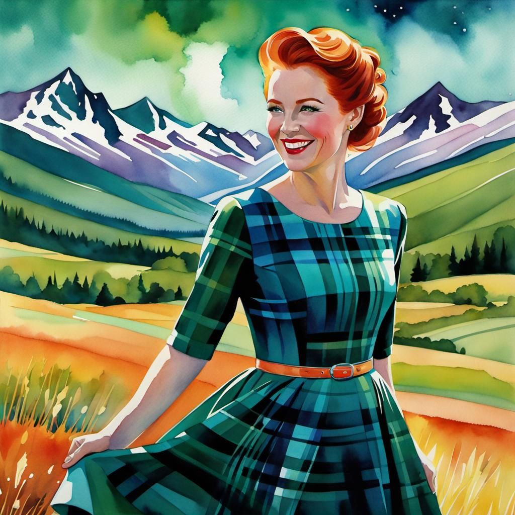 Red-Haired Woman in Plaid Dress, Watercolour Landscape