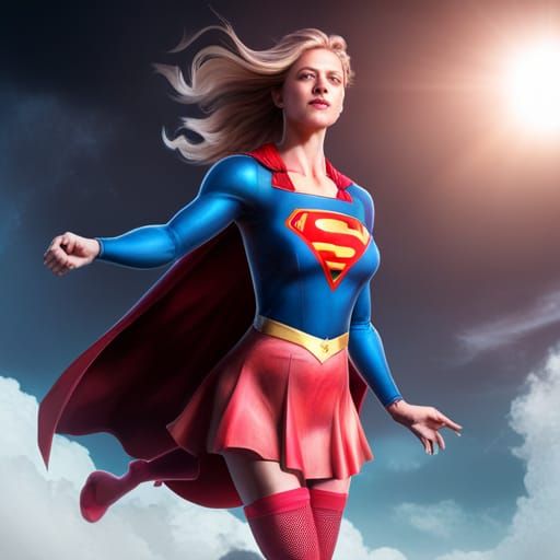 Supergirl in Red-Pink Blouse, Detailed Matte Painting