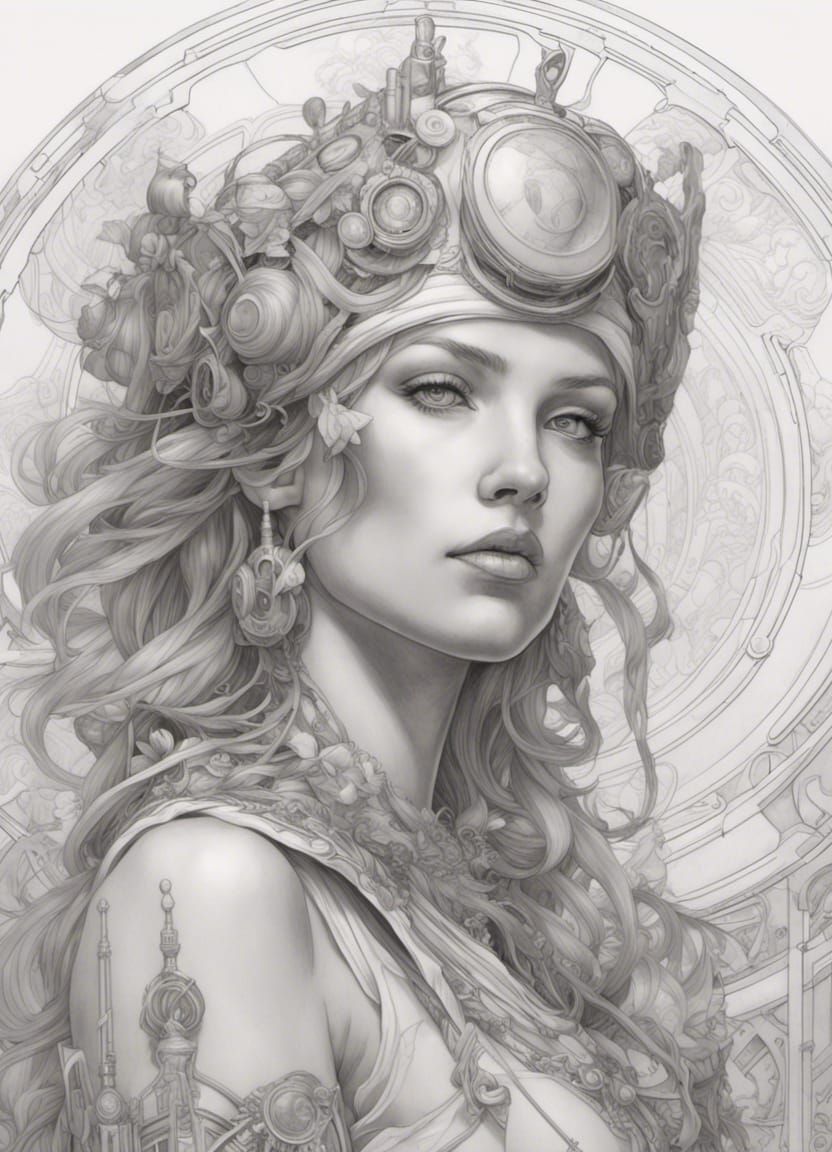 Greek goddess in black ink