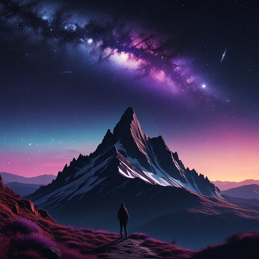 Adventurer Watches Comet in Purple Night Sky