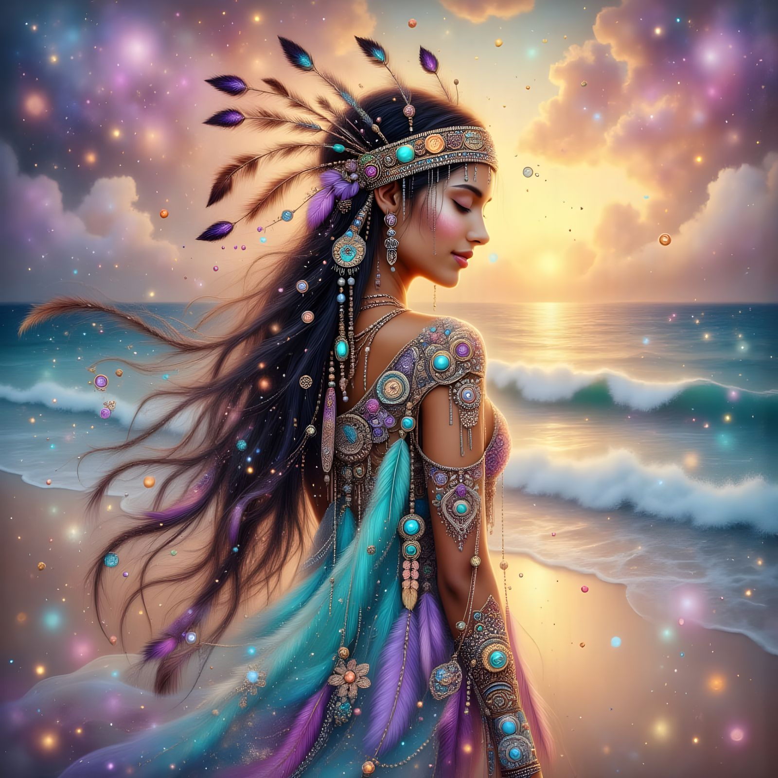 Native American Woman on Beach at Pastel Sunset in Bohemian ...