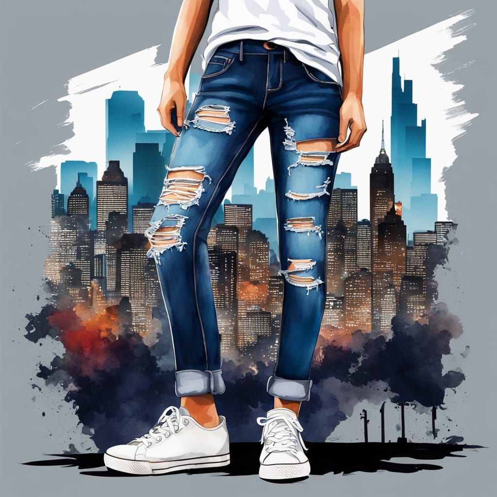 Grunge Layered Fusion, disheveled female watercolor  ripped jeans city skyline