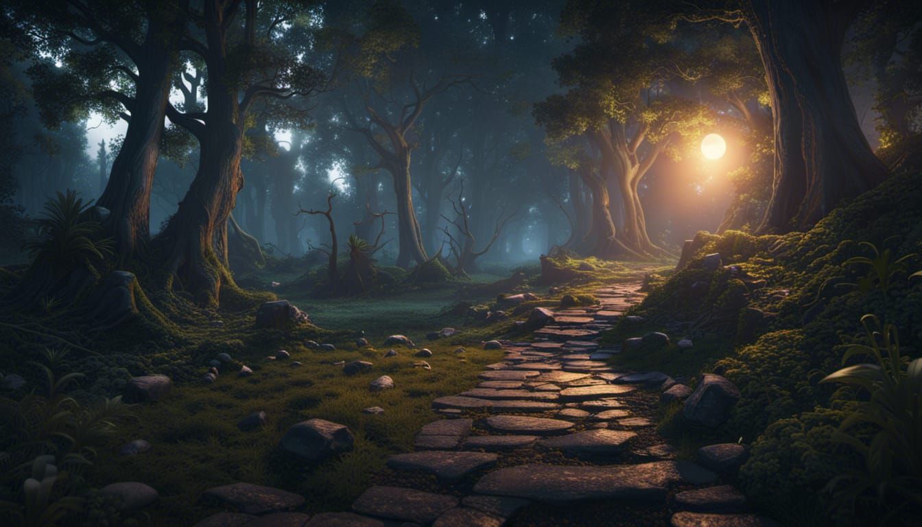 Fantastical Forest Trail at Night in Detailed Matte Painting
