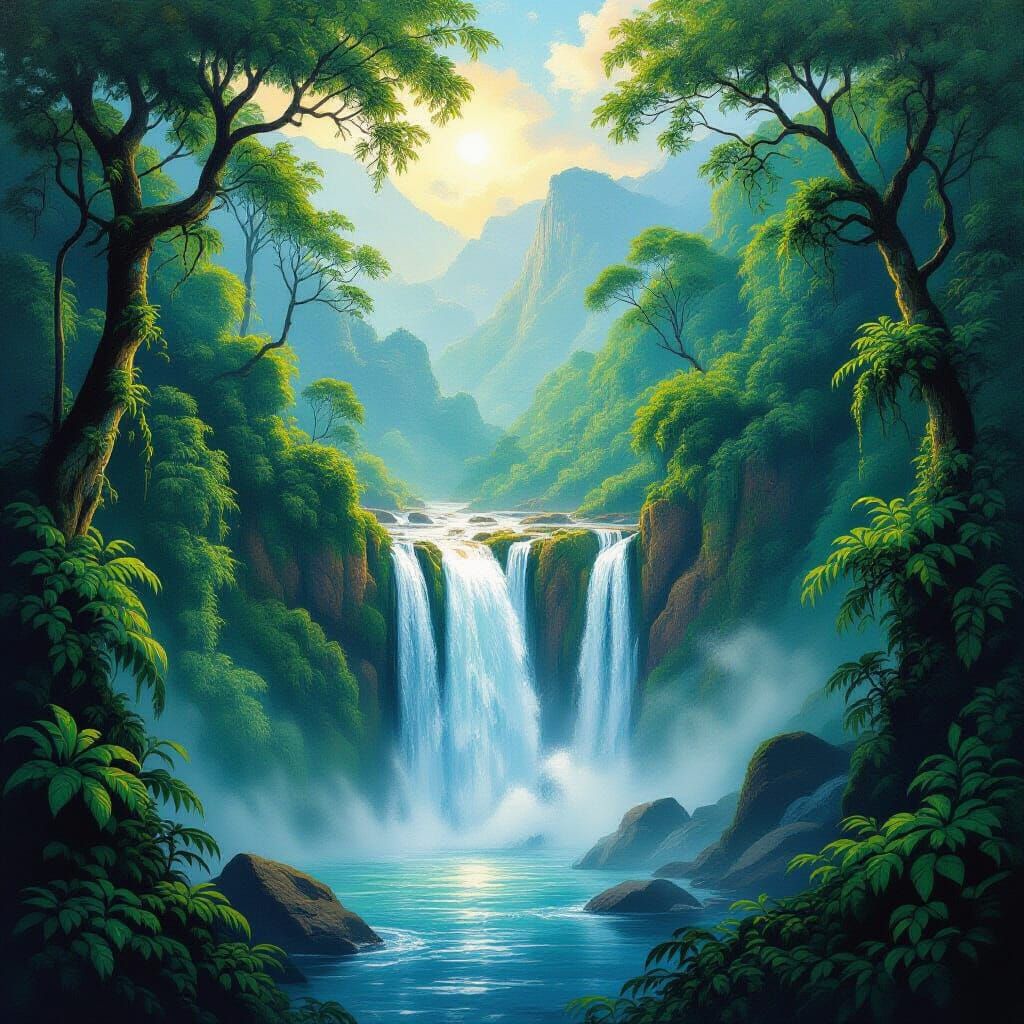 Spectacular Rainforest Mountain Waterfall Masterpiece