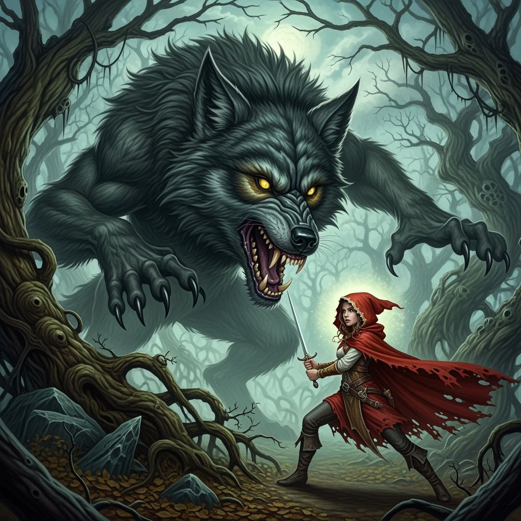 Red Hood and Colossal Wolf in Grimdark Fantasy Forest