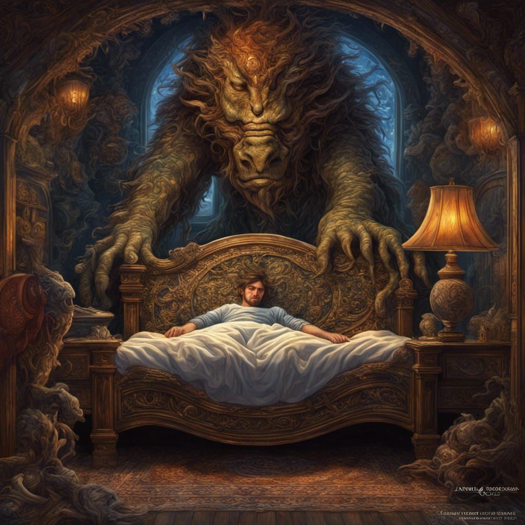 Young Man and Monster Asleep in Bed