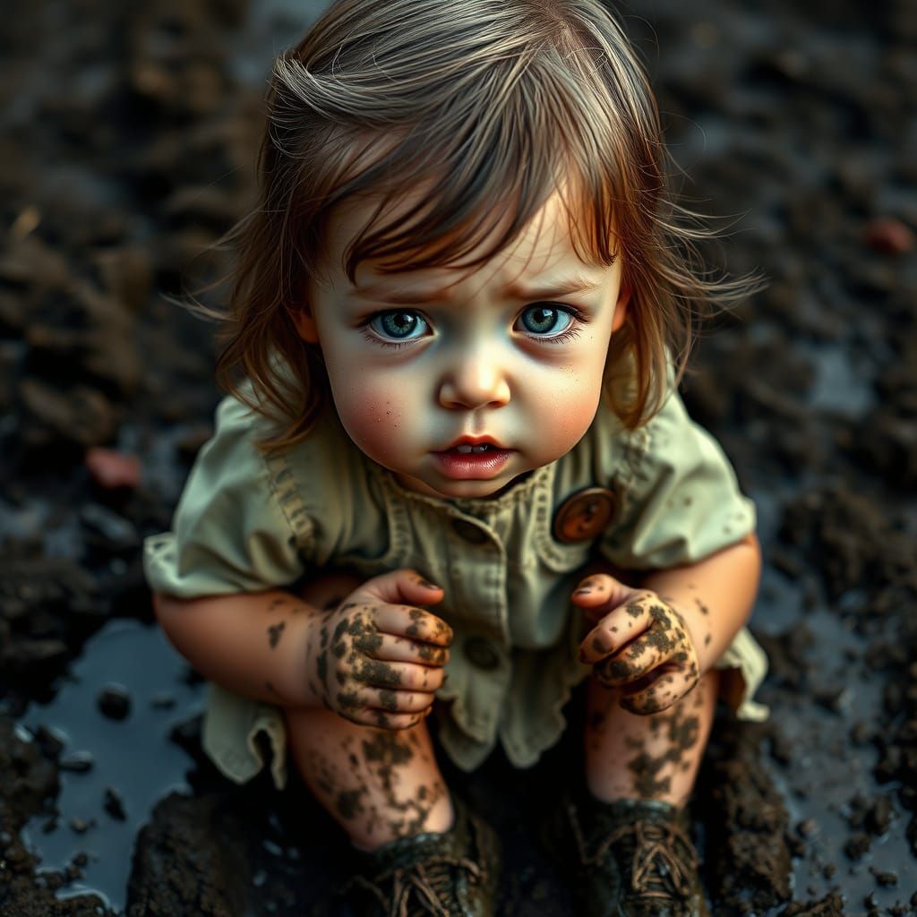 Emotional Portrait of a Young Girl in Mud, Photorealistic Pa...