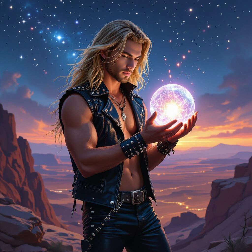 Starlit Desert: Man with Crystal Orb in Photorealistic Style