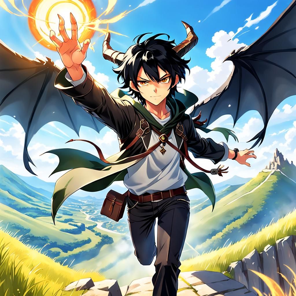 Winged Spellcaster with Horns in Anime Style