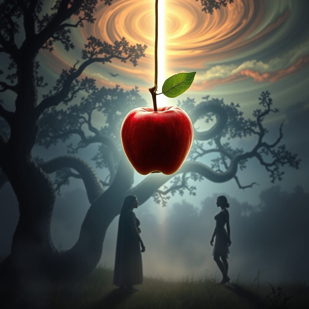 Forbidden Apple Radiates Ominous Glow in Surreal Garden of E...