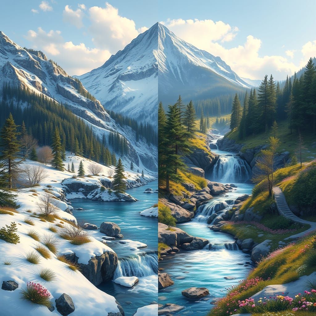 Split Mountain: Winter Snow and Summer Greenery