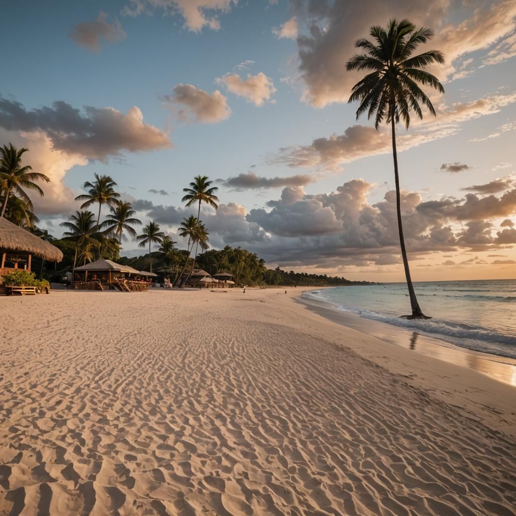 Tropical Beach at Sunset: A Wide-Angle Paradise