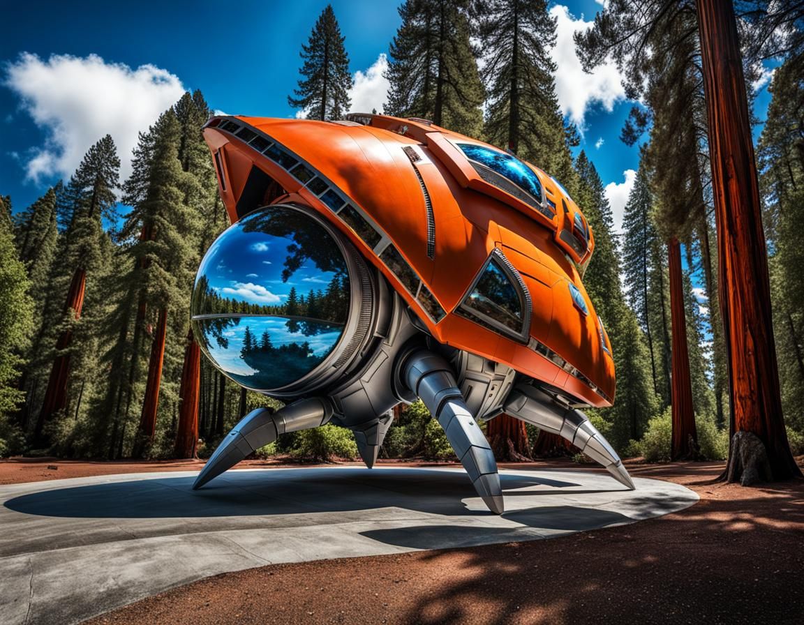 Futuristic Spaceship Landing with Redwood Trees