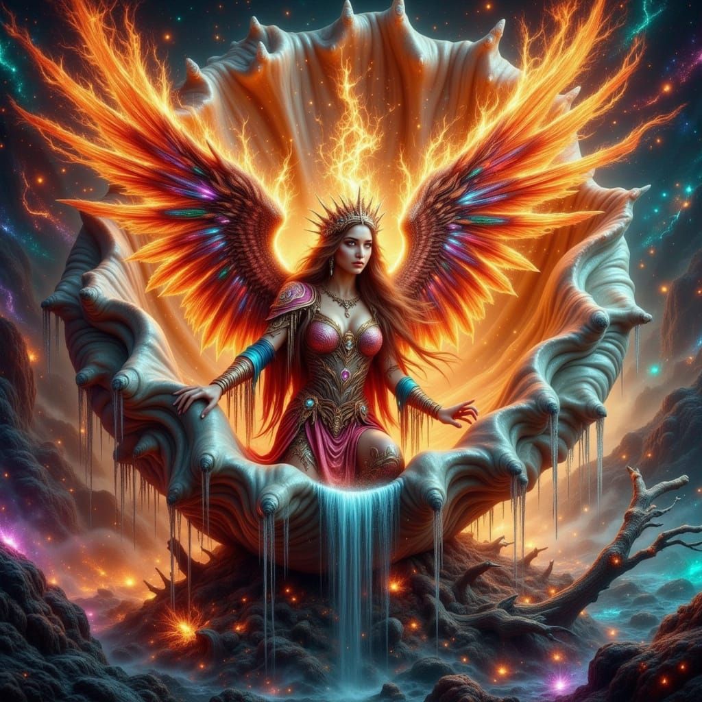 Flaming Angel Emerges from Seashell, Ethereal Art