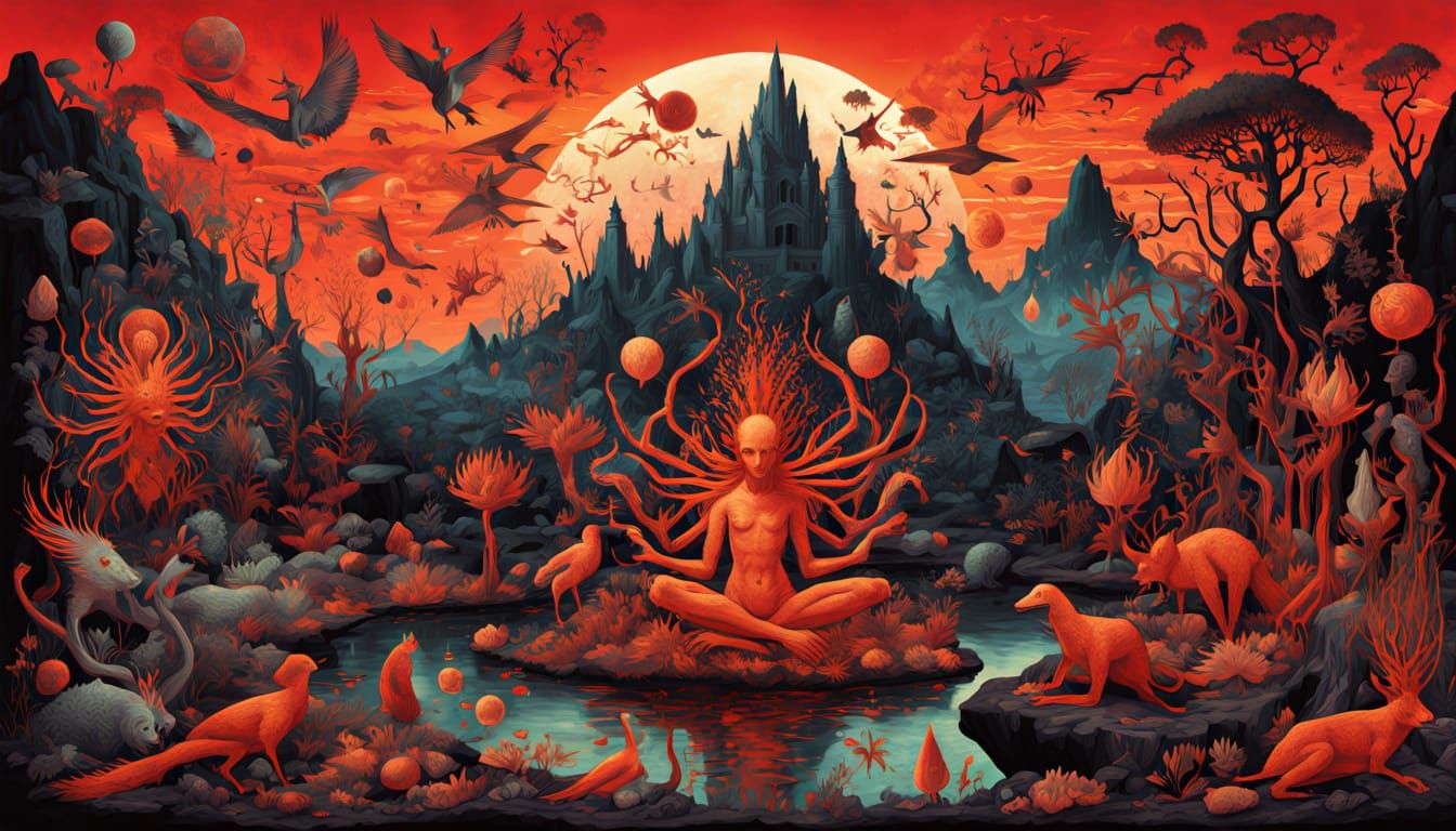 Surreal Cafe Scene with Figures and Bio Art Collage