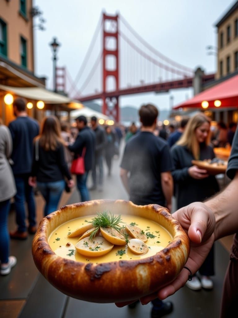 Bustling San Francisco Market with Golden Gate Bridge