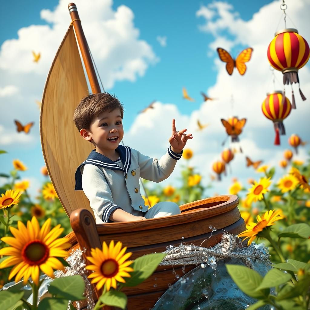 Boy in Sailor Suit on Sailboat, Fantasy Art