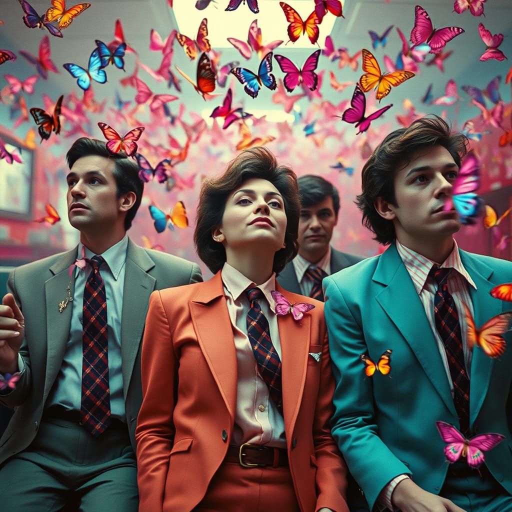 Surreal 1960s Office Scene with Iridescent Butterflies