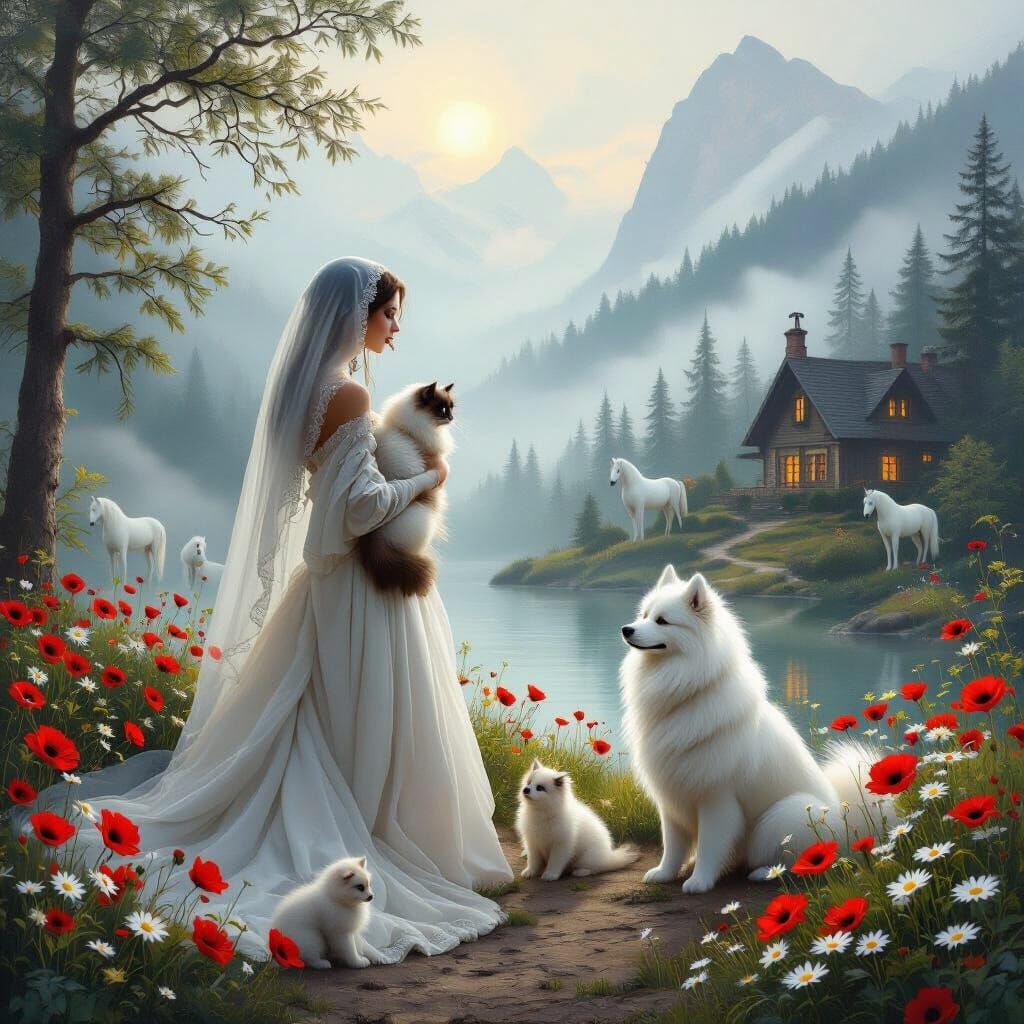 Woman with Cat and Dog in Misty Forest