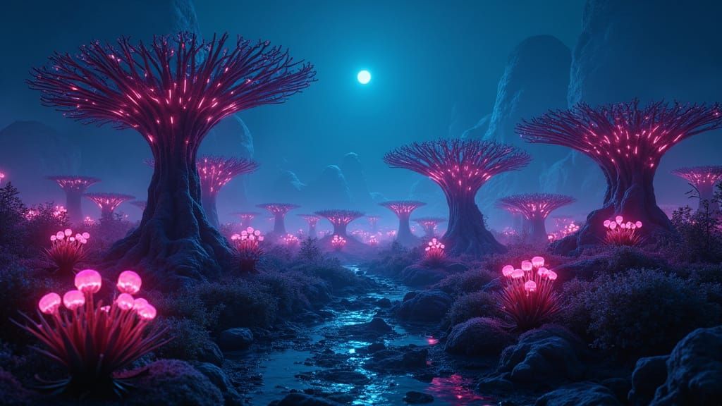 Surreal Alien Landscape with Neon Bioluminescent Plants in V...