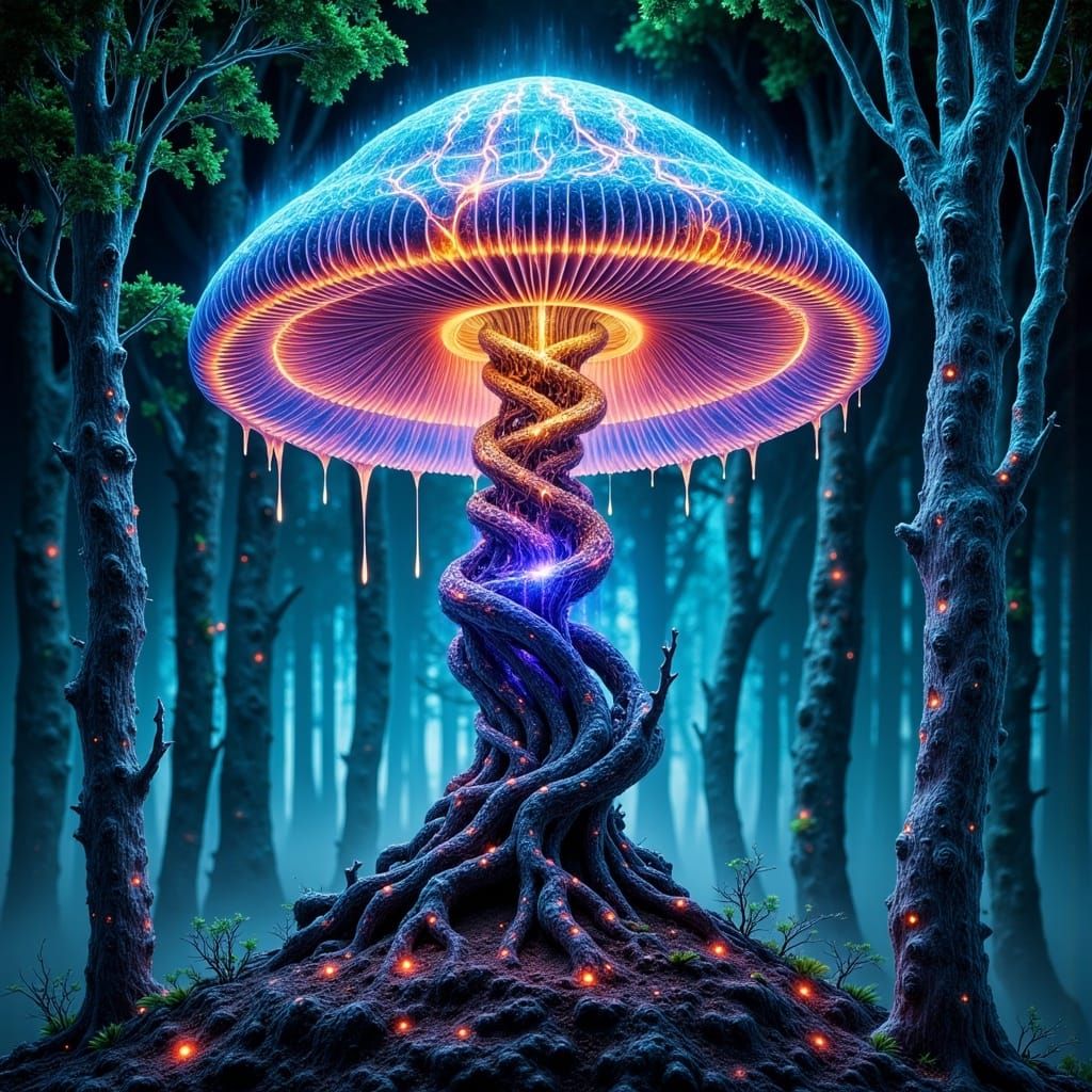 Iridescent Liquid Metal Mushroom in Surreal Landscape