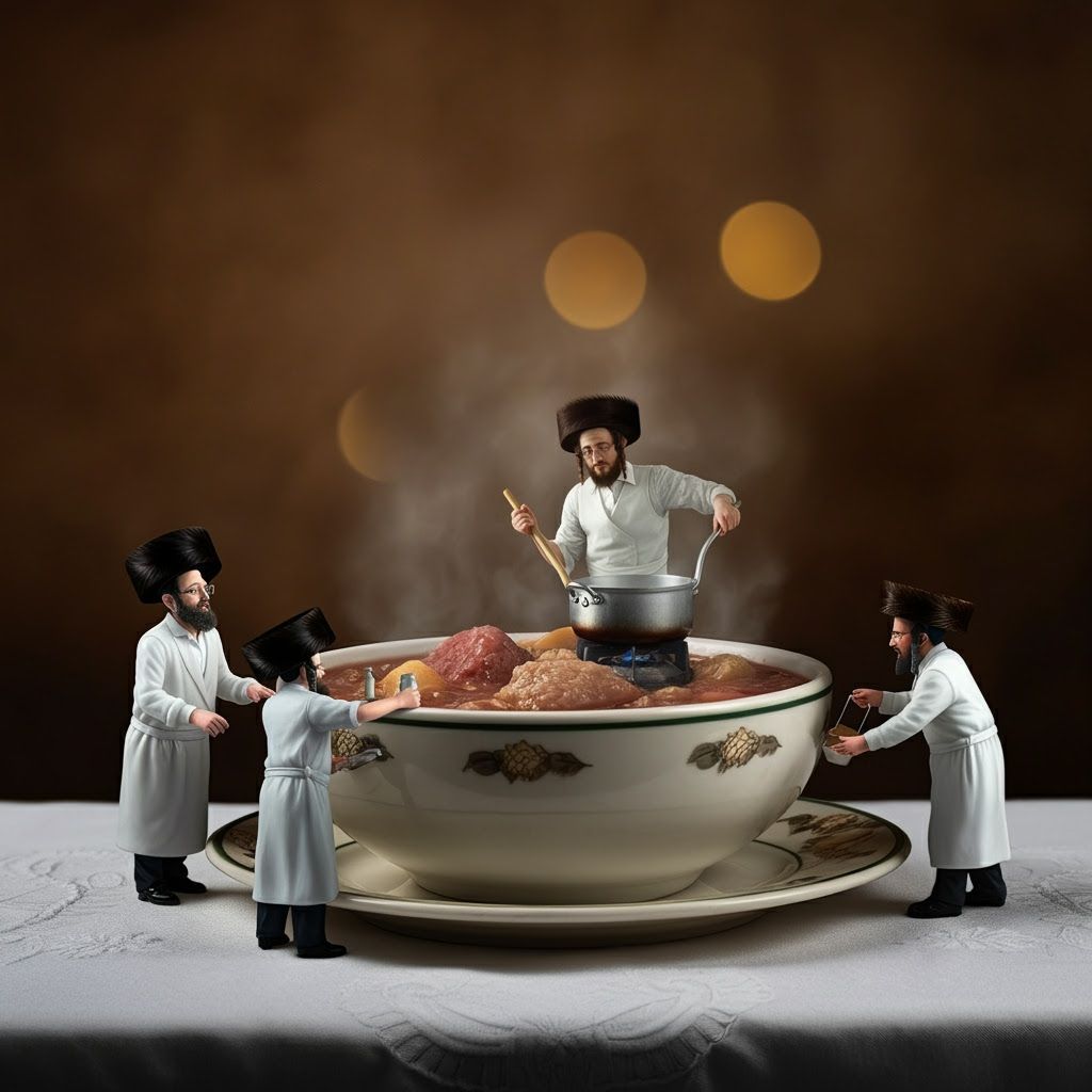 Steaming Cholent Bowl with Hasidic Figures, Golden Tones
