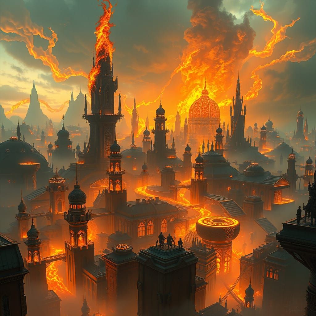 Fantastical City of Flaming Raymond in Vibrant, Surreal Deta...
