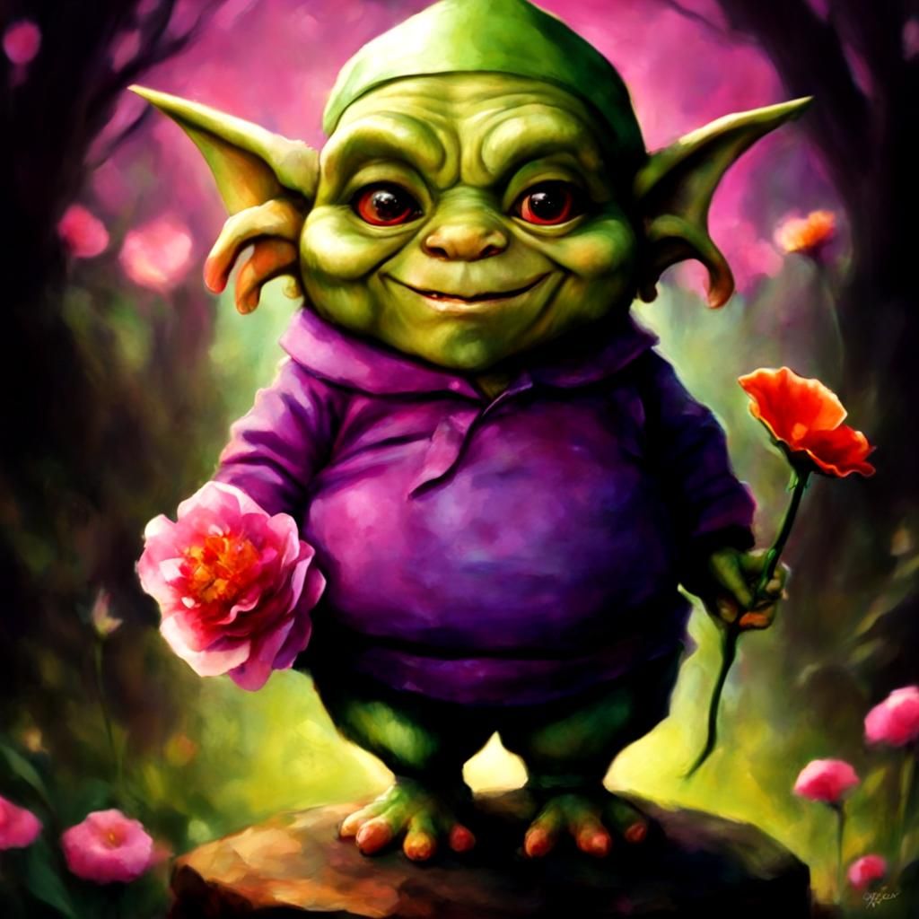 Chubby Goblin Child with Flower in Impressionist Style