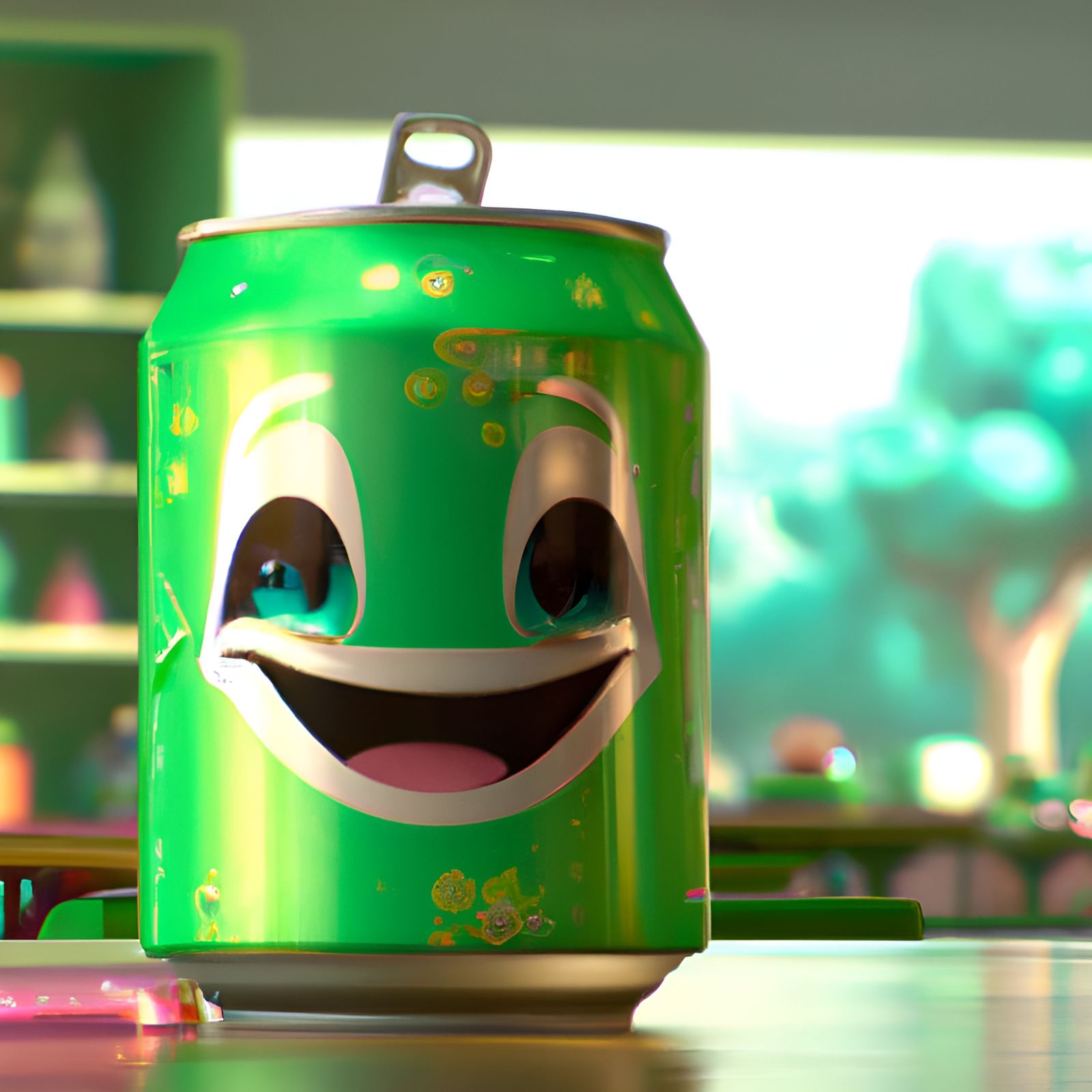 Happy Sprite Can in Cafe: 3D Digital Art