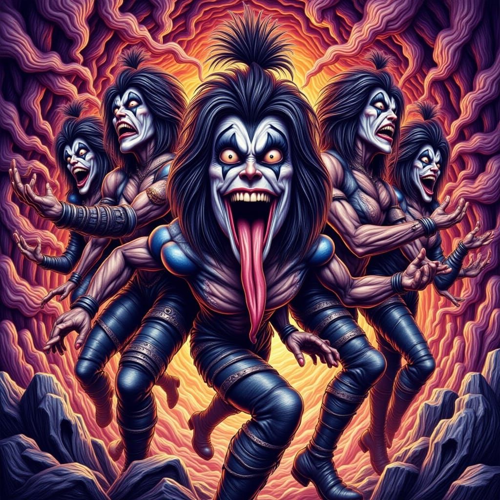 Distorted KISS Band Members in Psychedelic Nightmarescape