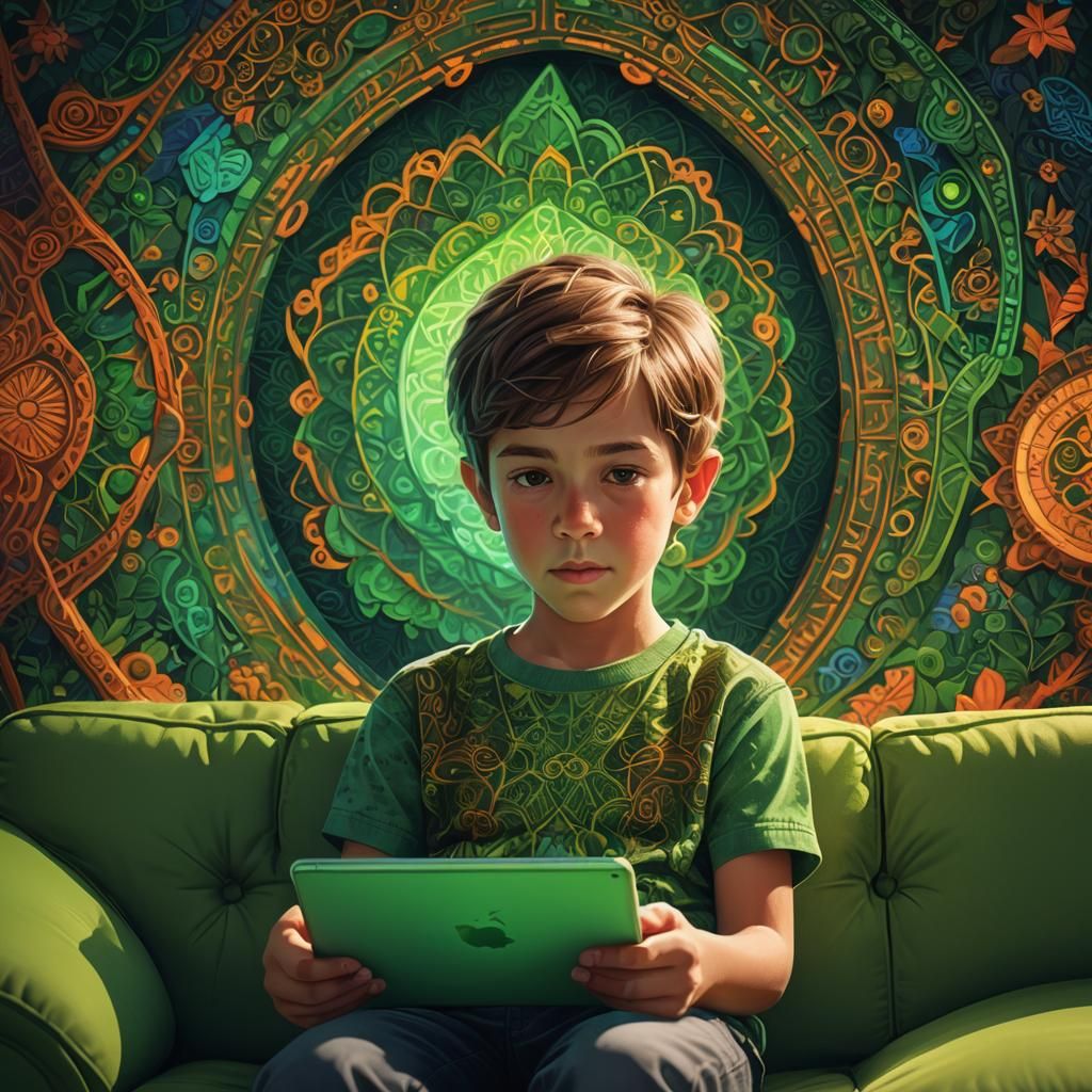 Boy with iPad: Concept Art Portrait in Triadic Colors