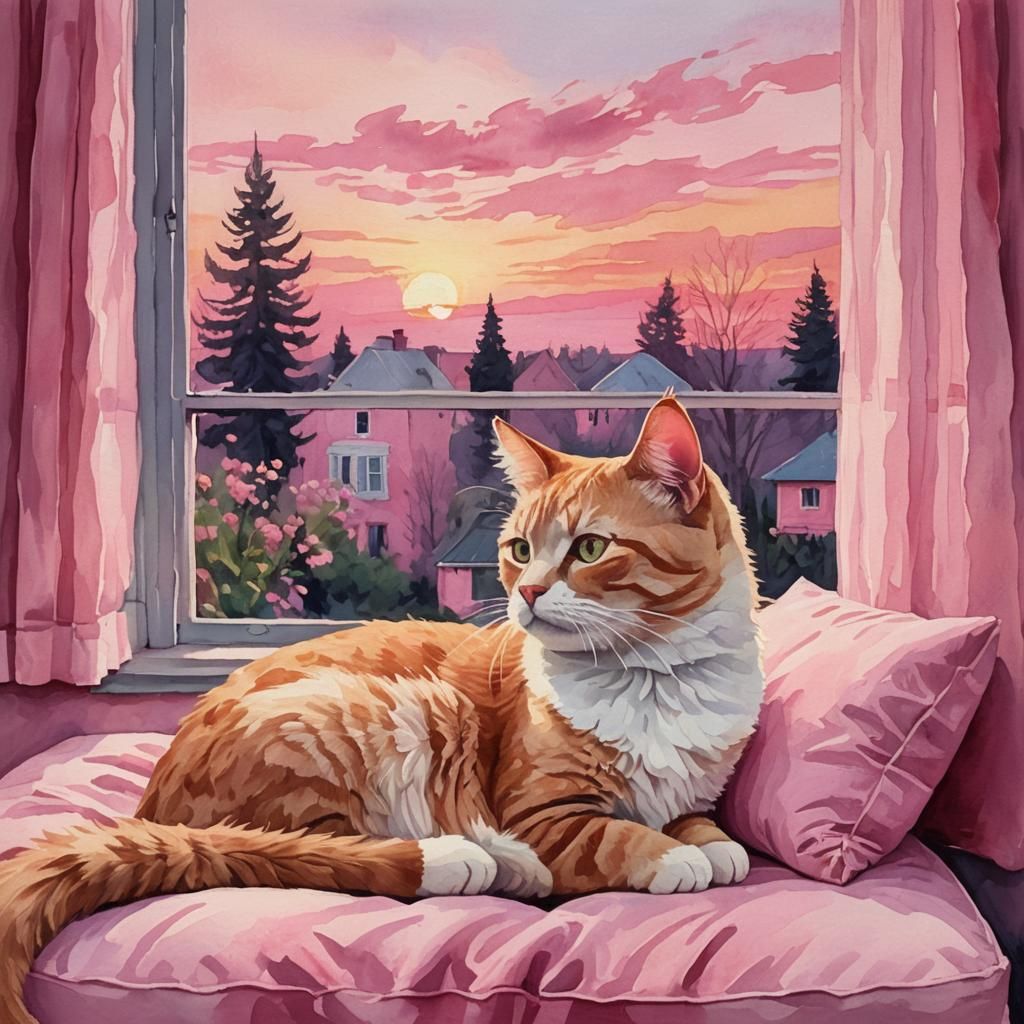 Pink Cat Gazing at Sunset: Watercolor Impressionism