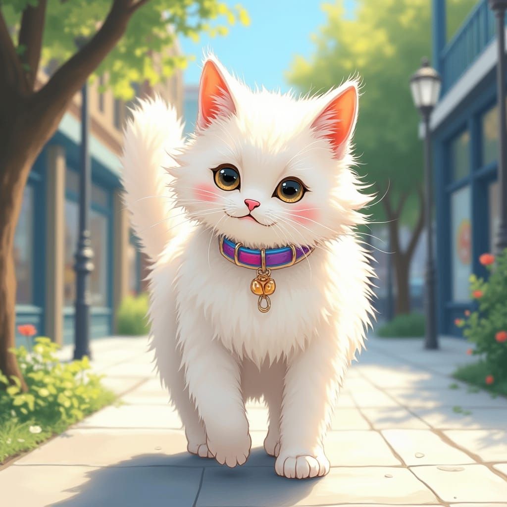 Fluffy White Cat with Pink & Blue Collar on Sidewalk