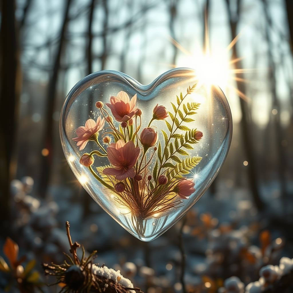 Ethereal Winter Forest Scene with Crystal Glass Heart