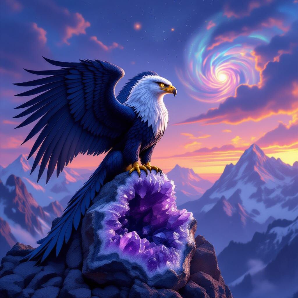 Majestic Griffin on Amethyst Geode in Twilight Nebula
